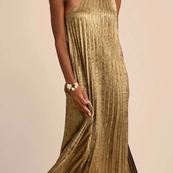 Lulus Averette Bronze Metallic Pleated One-shoulder Maxi Dress Gold Size L - Picture 5 of 10